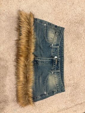 SHEIN Blue Denim Mini Skirt with Brown Faux Fur Hem